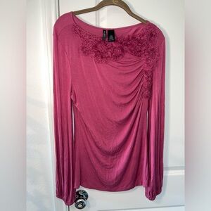 Bisou Bisou Burgundy Rayon Boat Neck Balloon Sleeve Fabric Flowers Luxury Large